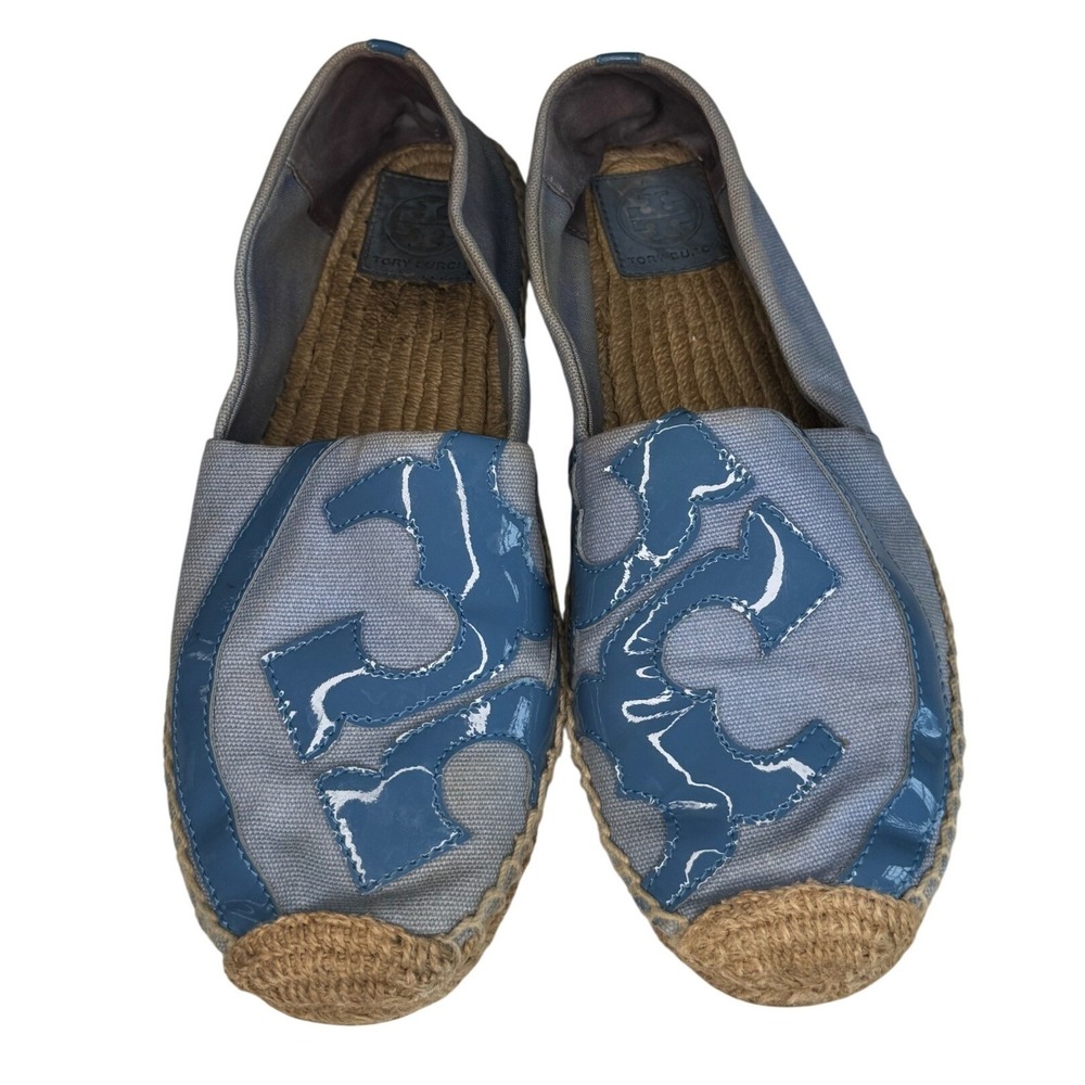 Tory Burch Women Blue Canvas Patent Leather Logo Espadrille Flats Size‎ 10